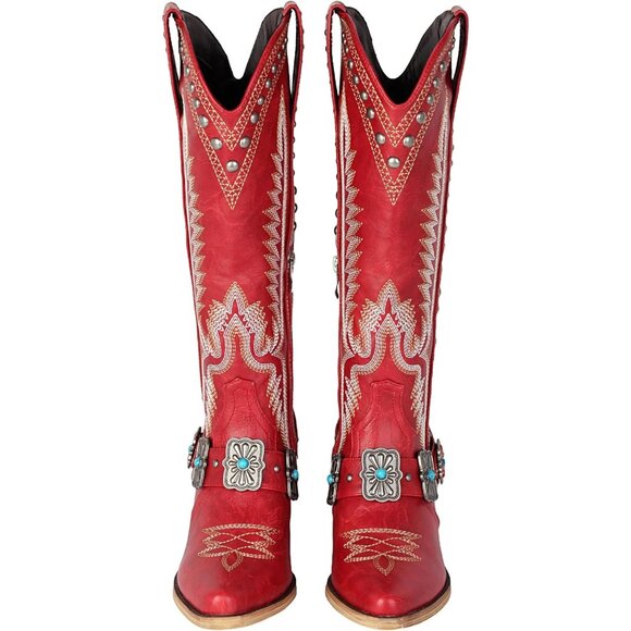Women's Metallic Buckle Turquoise Knee High Rubber Rivet Western Red Boots - Picture 2 of 6